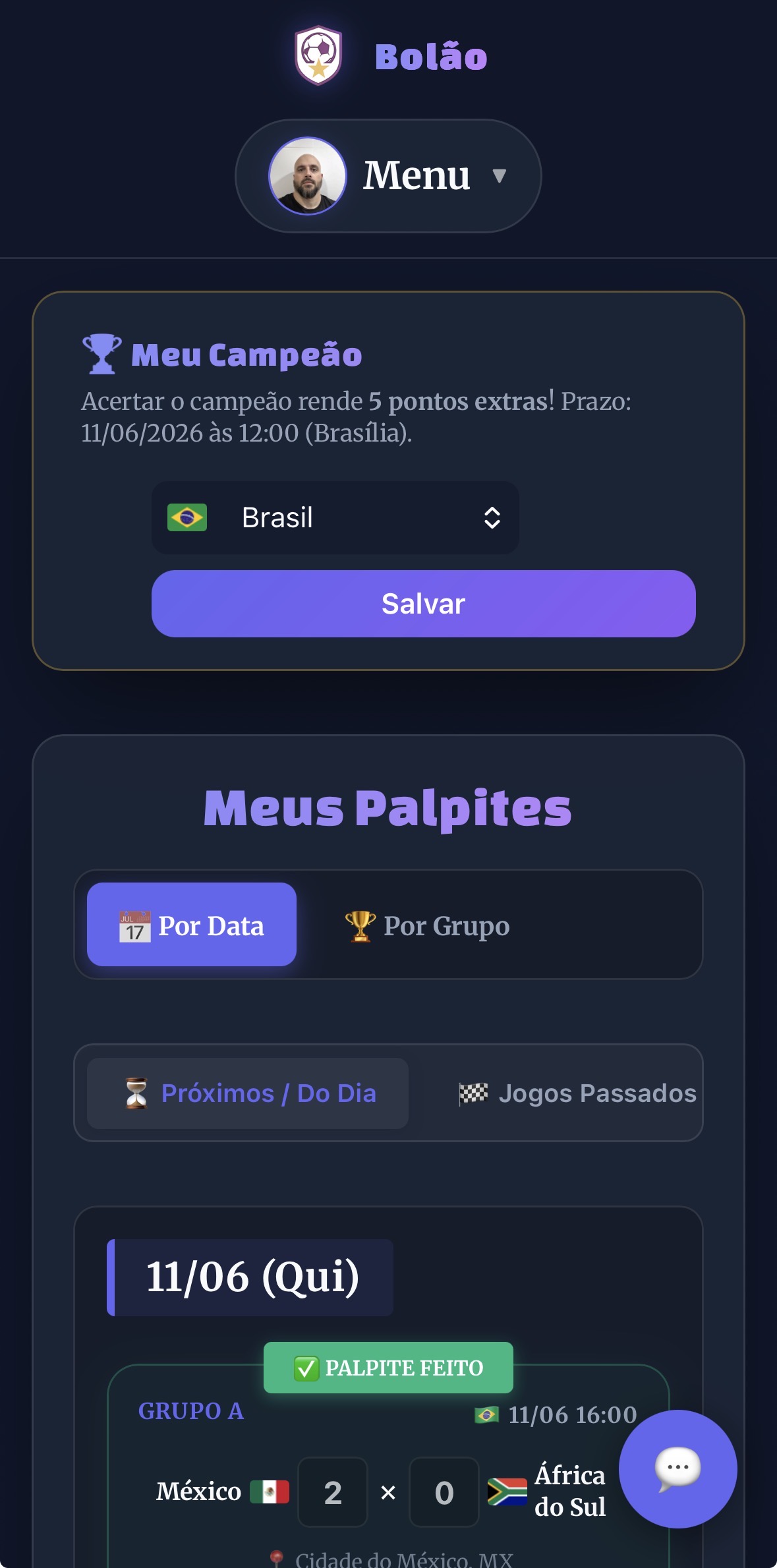 Área de gerenciamento de palpites da competição.